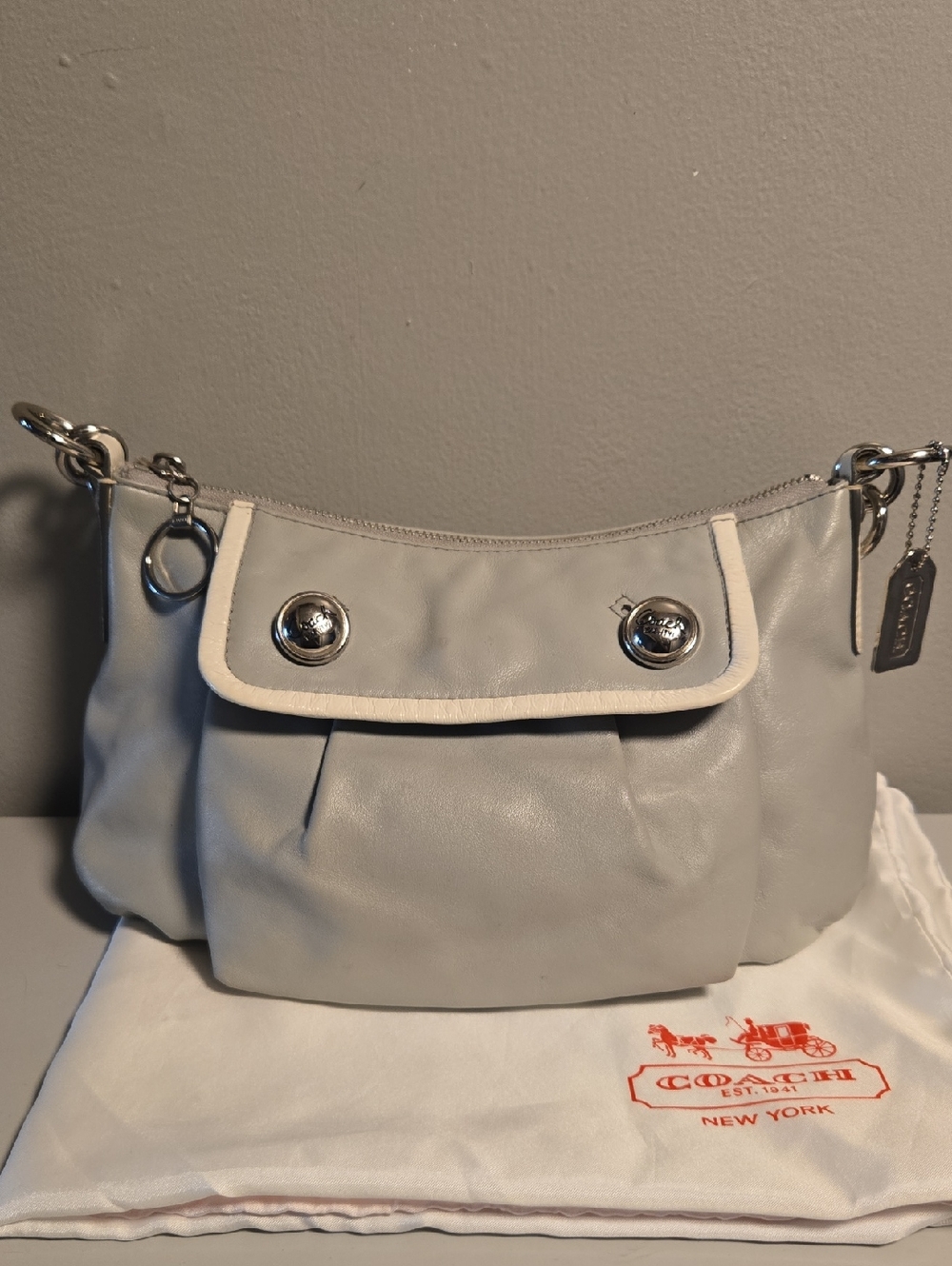 Coach Soho Light Gray and Cream Leather Shoulder Bag with Silver Hardware